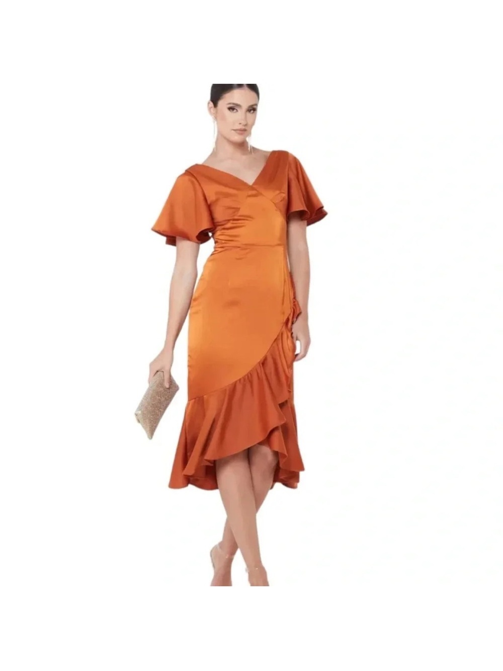 NWT AmyLynn Amoura Ruffle Midi Satin Wedding Guest Dress Tan Size S (size 2)